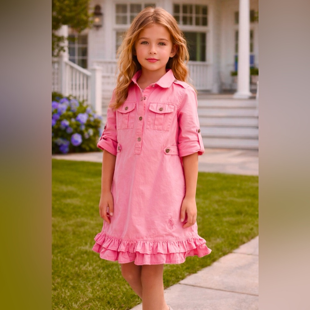 Ralph Lauren Utility Shirt Dress w Ruffle Hem | Girls 5 | MSRP $79